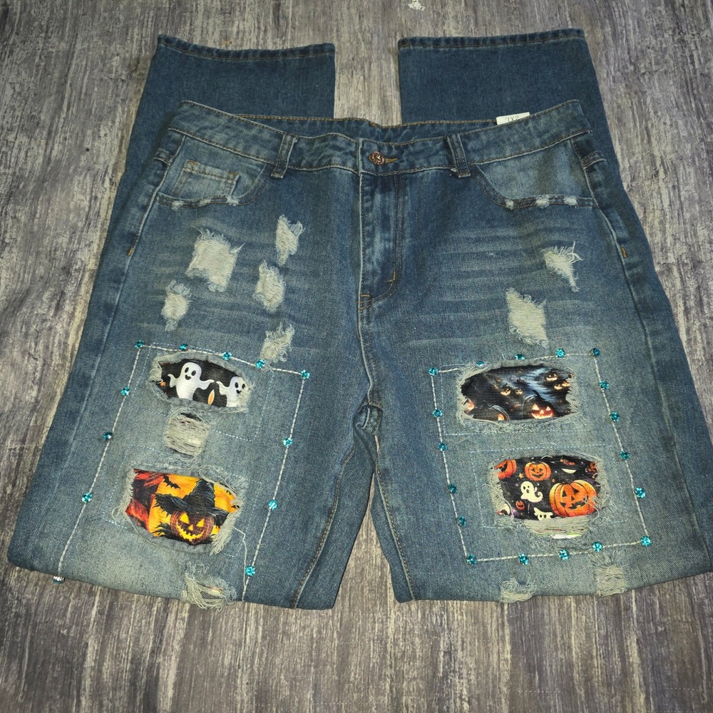 Halloween Distressed Rhinestone Patchwork Jeans Blue 2XL Spooky Pumpkin Ghost